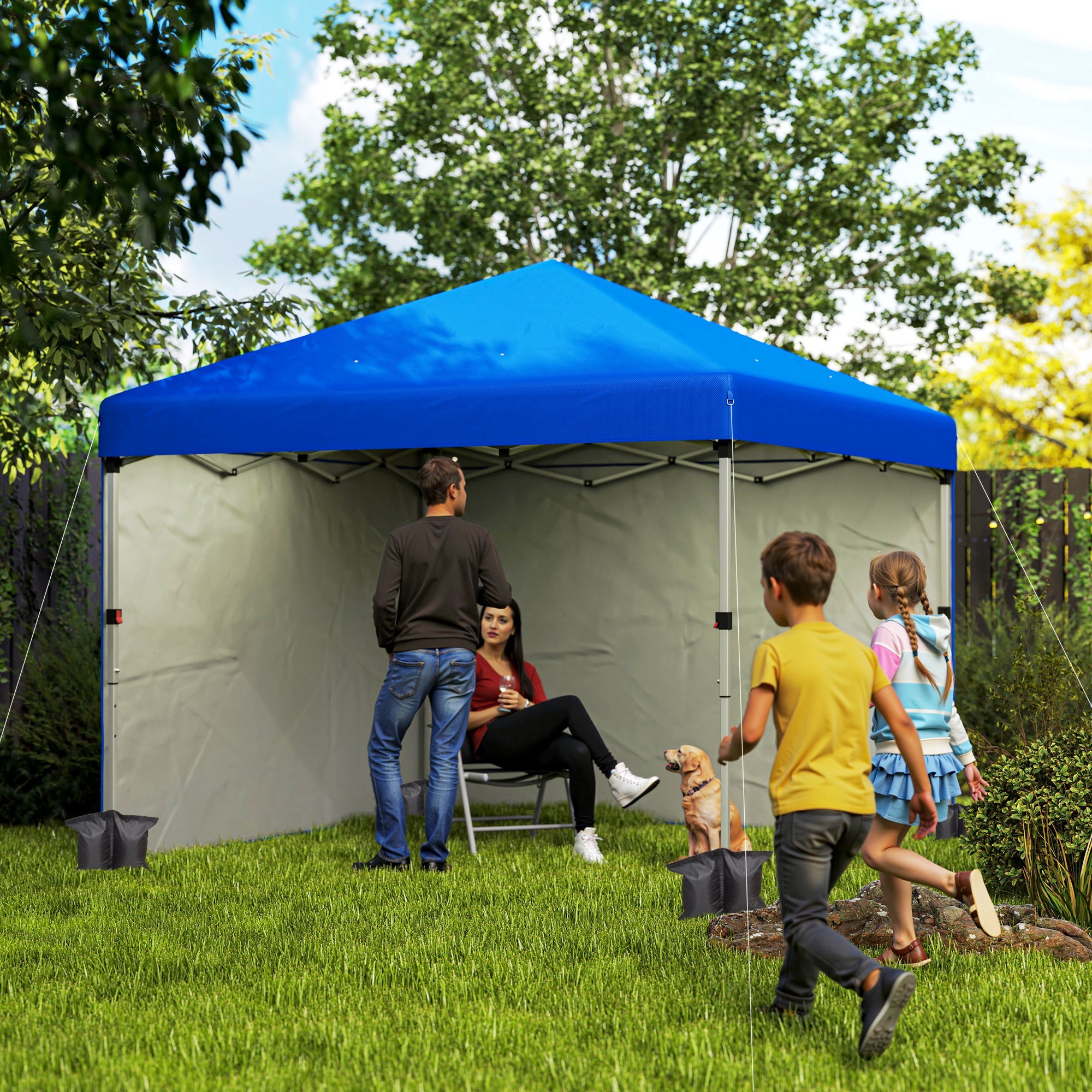 Carpa Plegable Pop-up Gazebo 3x3 m Cenador Plegable con 2 Paredes Laterales Anti-UV Altura Ajustable en 3 Niveles Sacos de Arena y Bolsa de Transporte con Ruedas para Camping Fiestas Azul