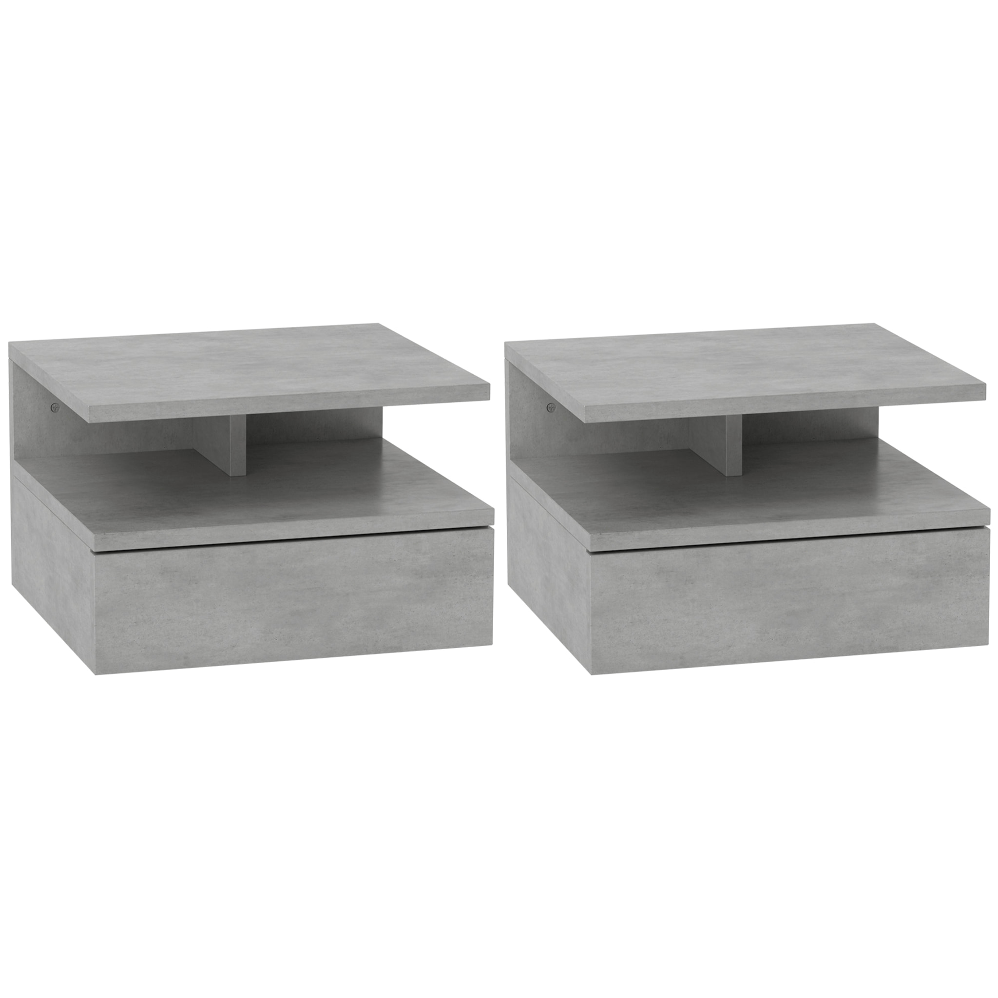 Lot de 2 tables de chevet murales - lot de 2 tables de nuit - tiroir coulissant, niche et plateau - gris ciment