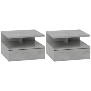 Lot de 2 tables de chevet murales - lot de 2 tables de nuit - tiroir coulissant, niche et plateau - gris ciment