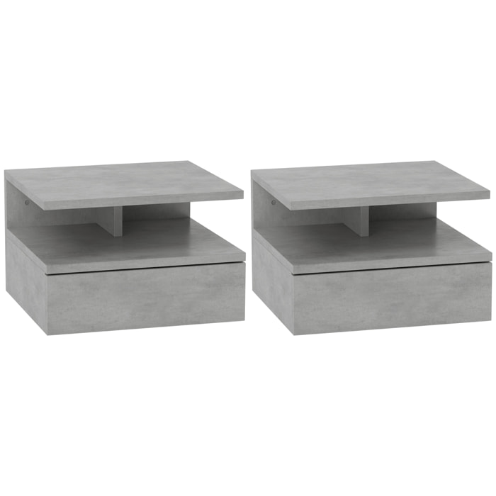 Lot de 2 tables de chevet murales - lot de 2 tables de nuit - tiroir coulissant, niche et plateau - gris ciment
