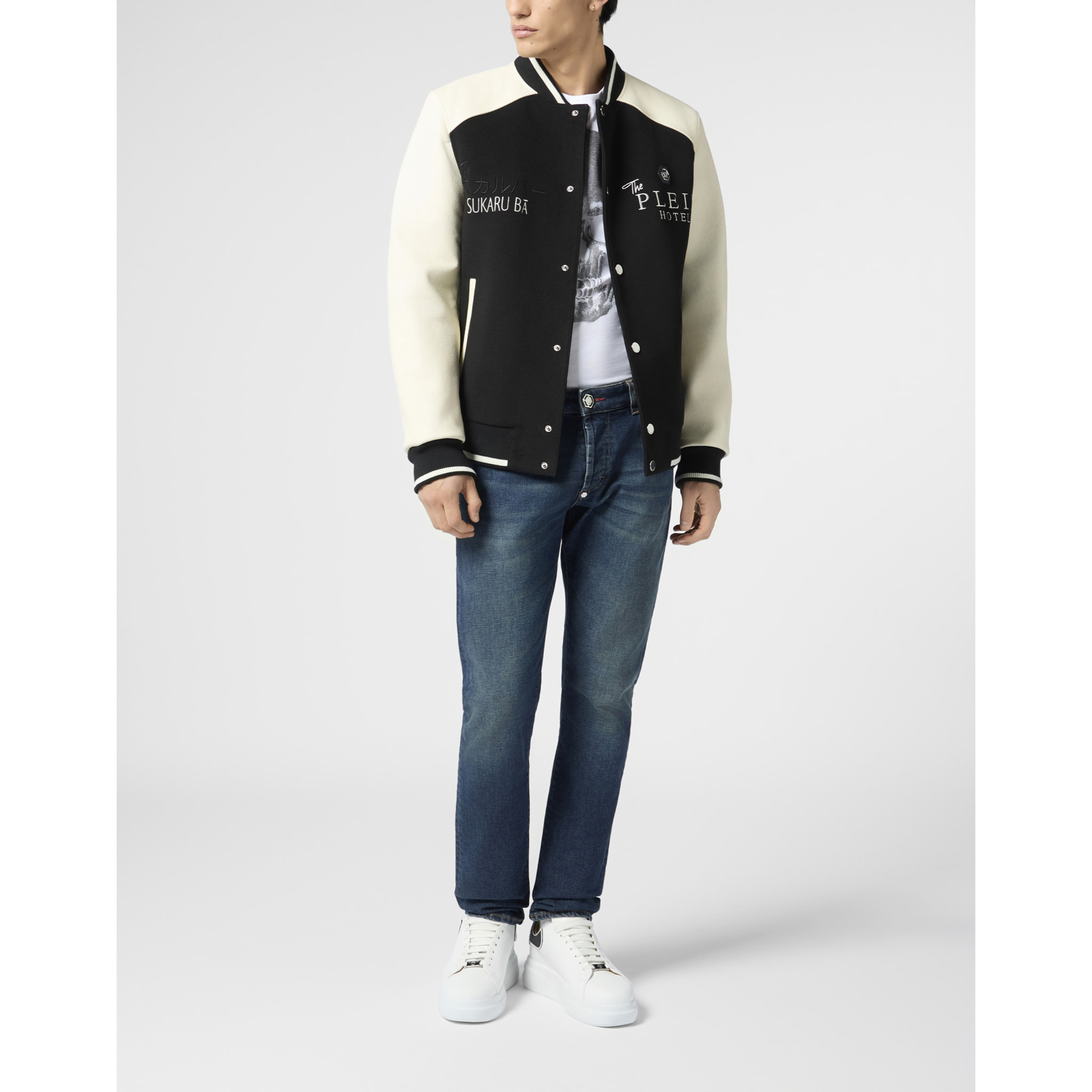 PHILIPP PLEIN Wool & Leather Varsity Bomber Jacket Dragons