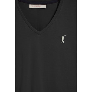 Camiseta negra de cuello de pico y manga corta con bordado Rigby Go