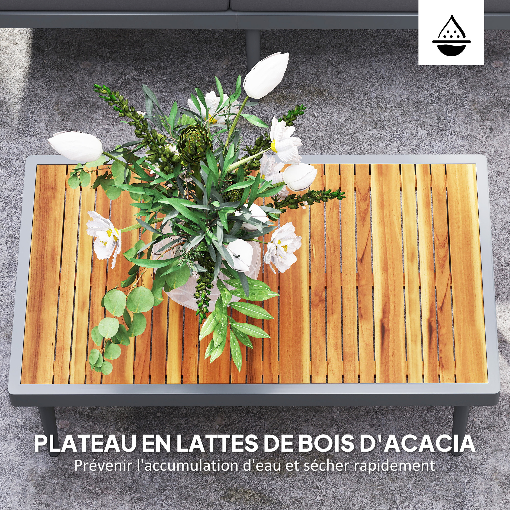 Salon de jardin design modulable 4 places 3 pièces acier coussins gris étagère plateau bois acacia