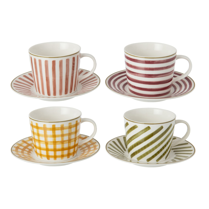 J-Line boîte de 4 tasses et sous-tasses - grès - bordeaux/vert olive - large