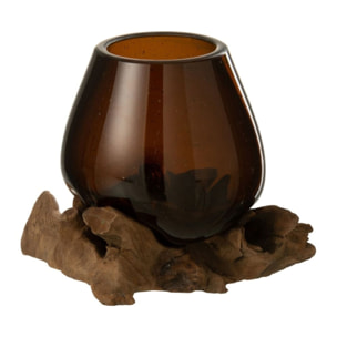 J-Line vase Sur Pied Gamal - bois/verre - naturel/brun - medium -  17 cm de hauteur