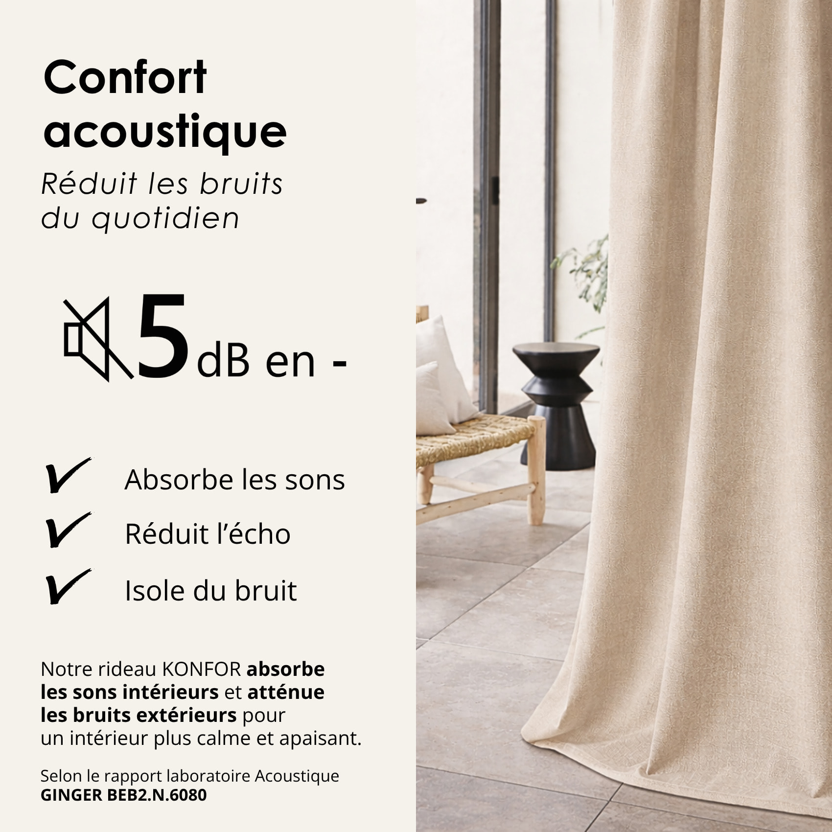Rideau thermique phonique et semi occultant à galons fronceurs KONFOR - Beige