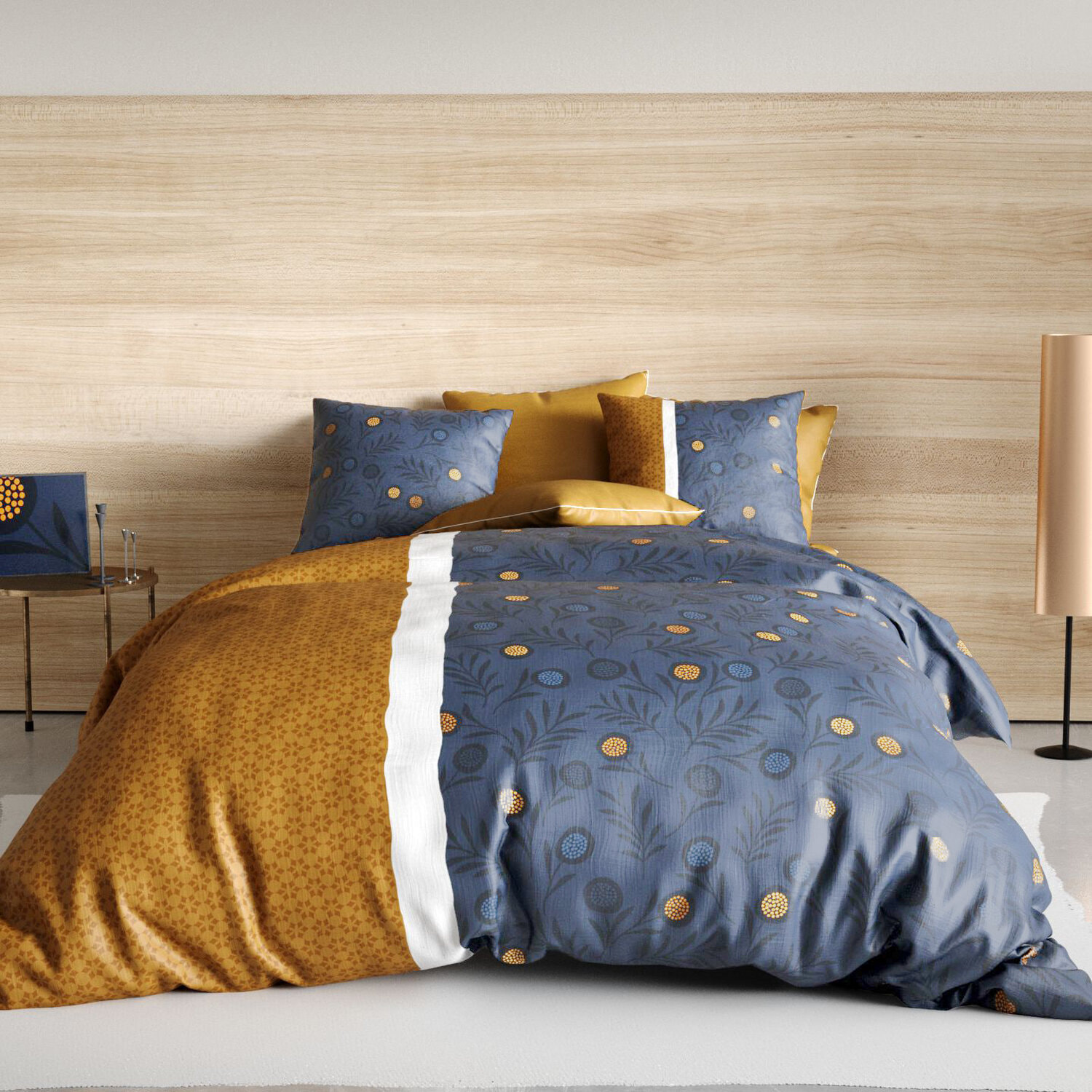 Parure housse de couette imprimé 100% coton - bel'or - jaune