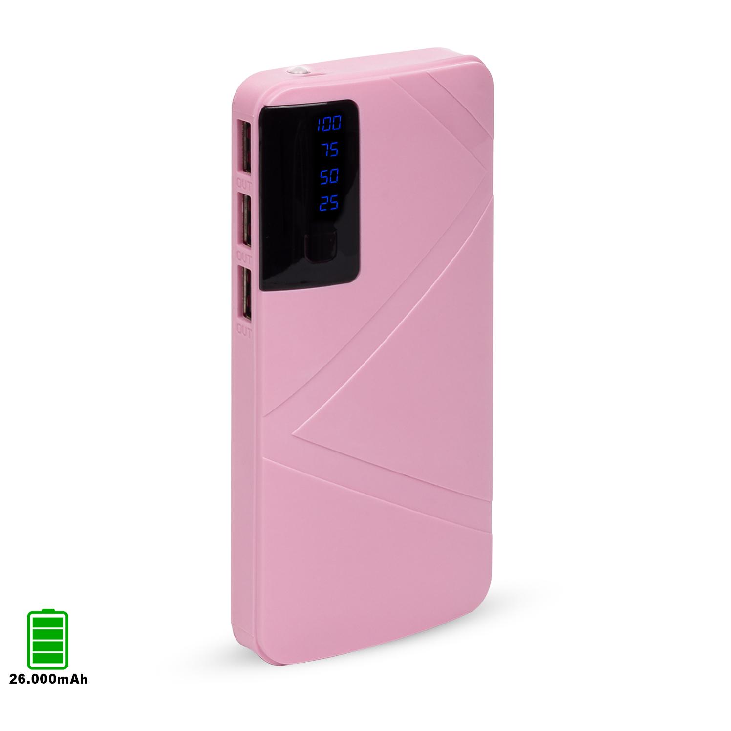 Powerbank R8 de 26.000mAh con indicador de porcentaje de carga, triple salida USB de 1A.