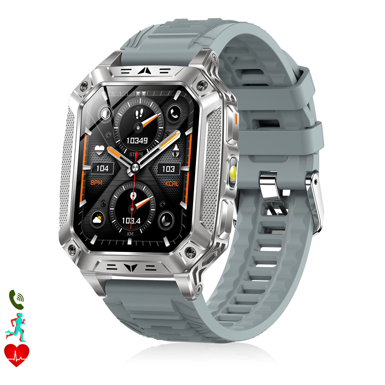 Smartwatch QS86. Con llamadas BT, batería de larga duración, modos de salud y deporte. Linterna y luz roja con aviso SOS sonoro.