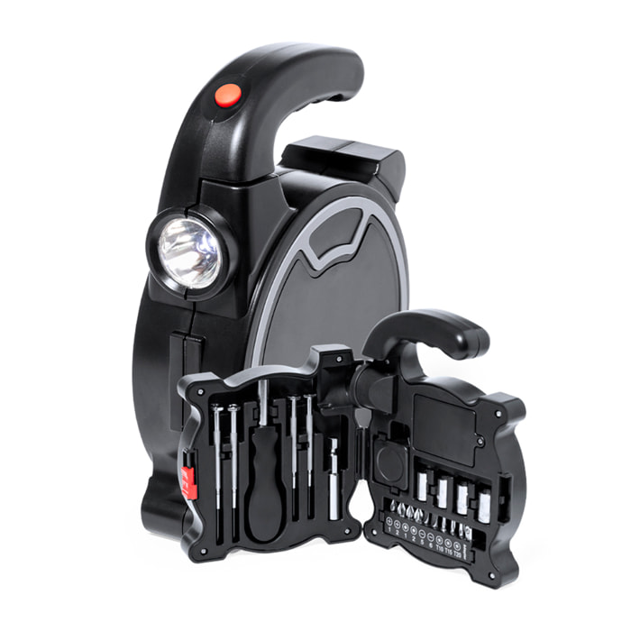 Set de herramientas Hancuk. Estuche de ABS con linterna de 4 LEDs incorporada, 21 accesorios y mango ergonómico.