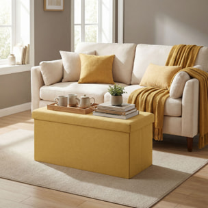 Puff Almacenaje, Banco Almacenaje Plegable, 84 L, 76x38x38 cm, Tapizado en Lino Sintético, Baúl de Almacenamiento, Carga 120 kg, Taburete para Sala de Estar, Dormitorio, Entrada, Amarillo