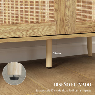 Aparador con 3 Puertas de Ratán, Aparador de Salón Bohemio, con Estantes Ajustables, para Cocina, Entrada, Dormitorio, Madera Natural, 120x40x75 cm