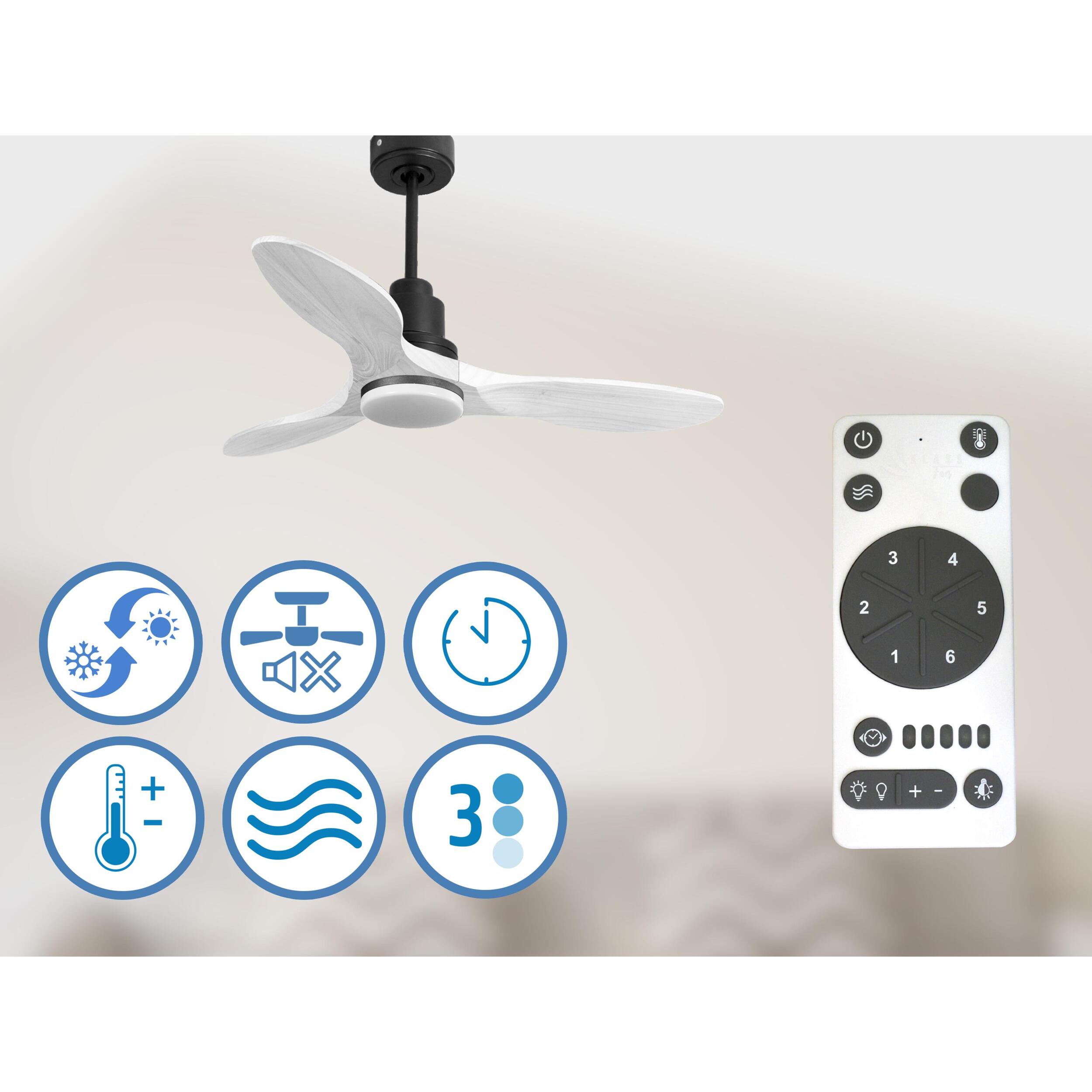 Ventilador de techo Modo Invierno/Verano Termostato Dimable Wifi Motor DC Techos Inclinados Mando a Distancia Luz tres tonos Hypersilence Memoria Vendible Shopify (AUTOMATICO) LimaD106C04LED64628 PURLINE