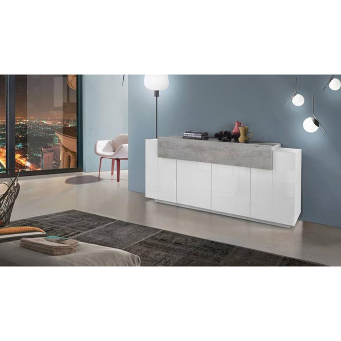 Credenza moderna a 5 ante, Made in Italy, Madia da cucina, Buffet di design da soggiorno, cm 200x45h86, colore Bianco lucido e Cemento