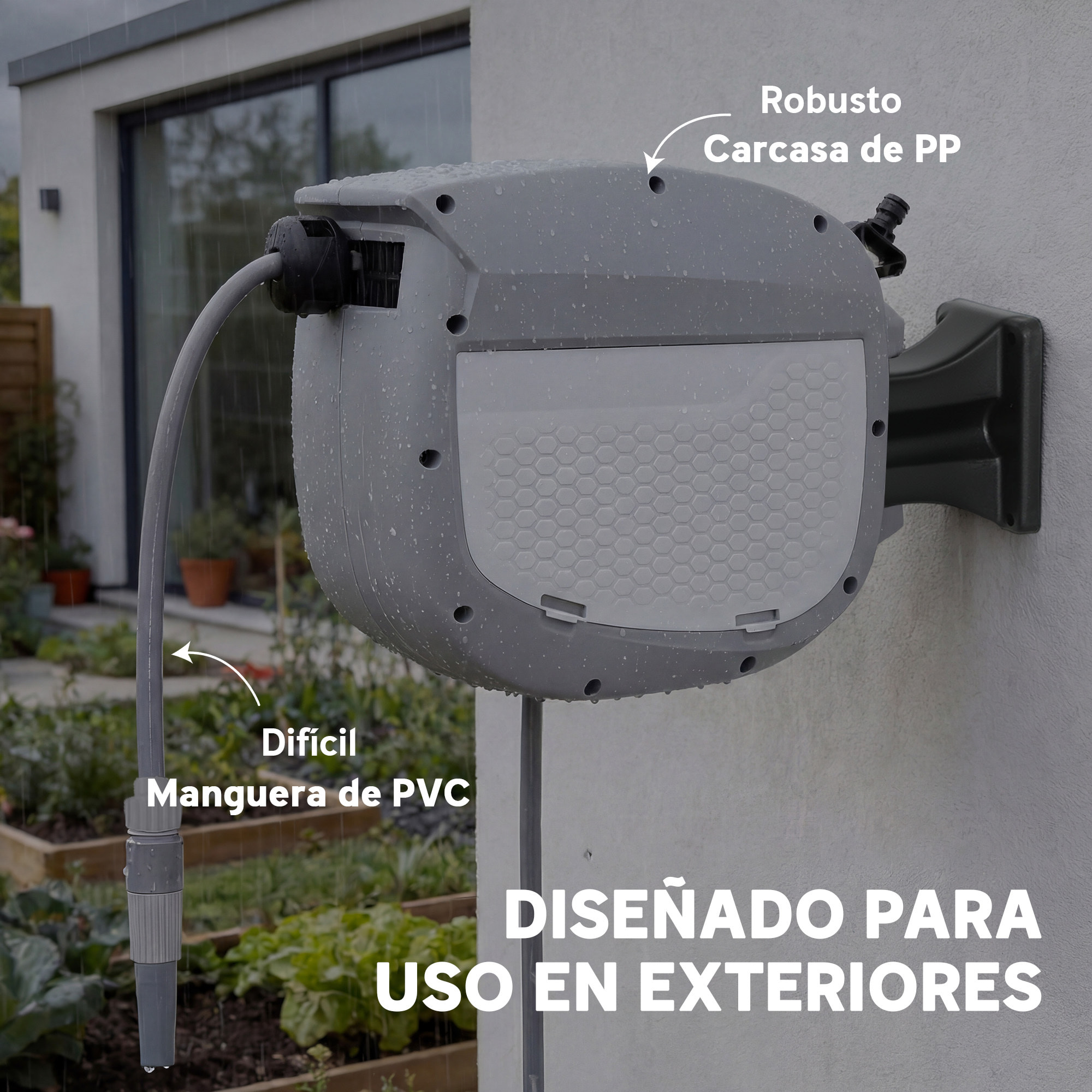 Enrollador de Manguera para Jardín 10+1 m con Boquilla de 2 Modos, Carrete de Manguera de Jardín de Pared con Bloqueo Automático y Retracción Controlada, Soporte Orientable 180°, Gris