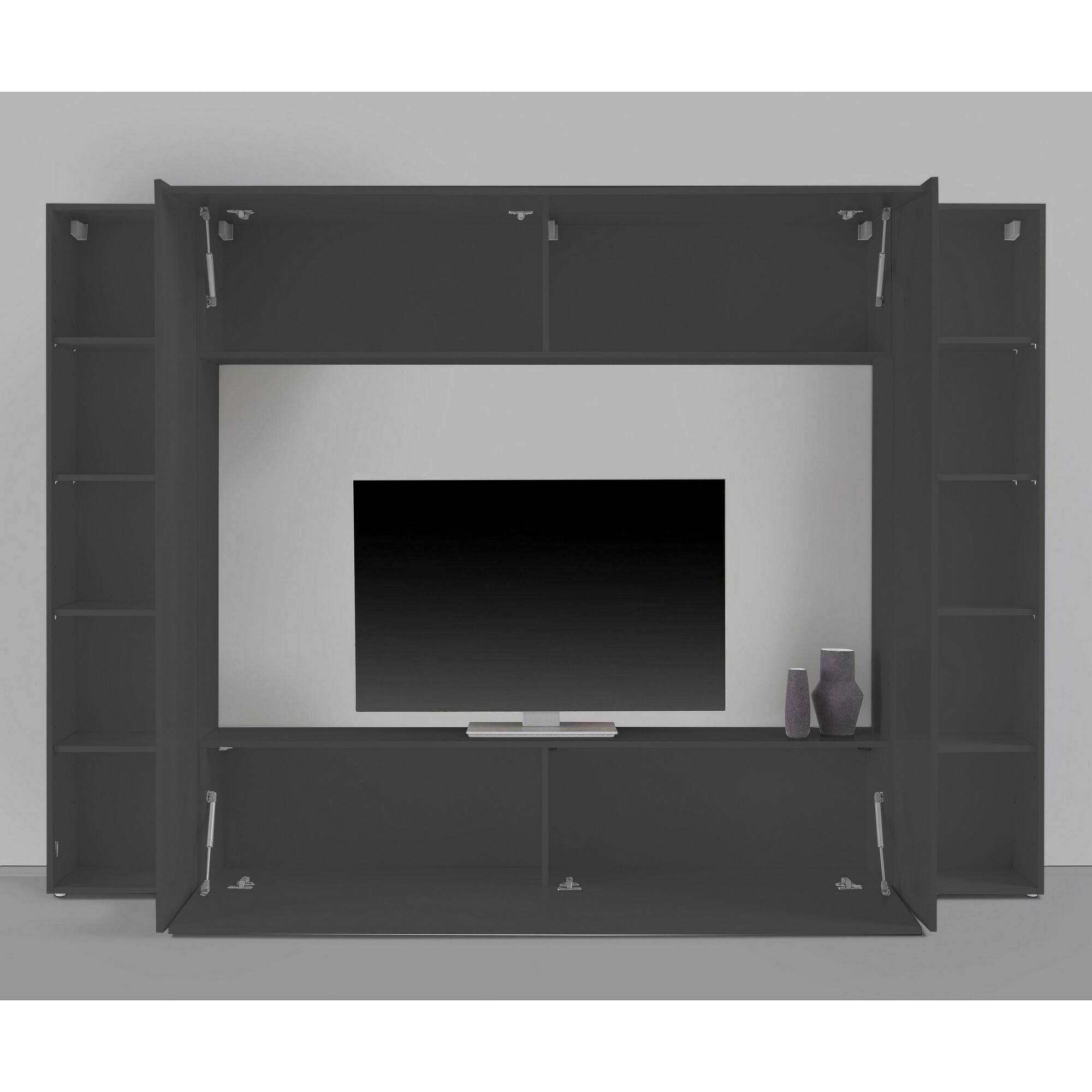 Parete attrezzata Luigi, Set salotto porta TV a 4 ante, Mobile soggiorno multiuso, 100% Made in Italy, cm 260x30h180, Antracite