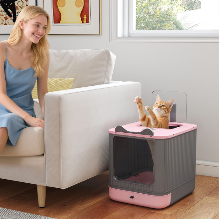 Arenero para Gatos Cubierto M, Caja de Arena para Gatos Medianos, Arenero con Tapa Abatible, Entrada Frontal, Salida Superior, Pala, Bolsas Desodorantes, Fácil de Limpiar, Antifugas, Rosa