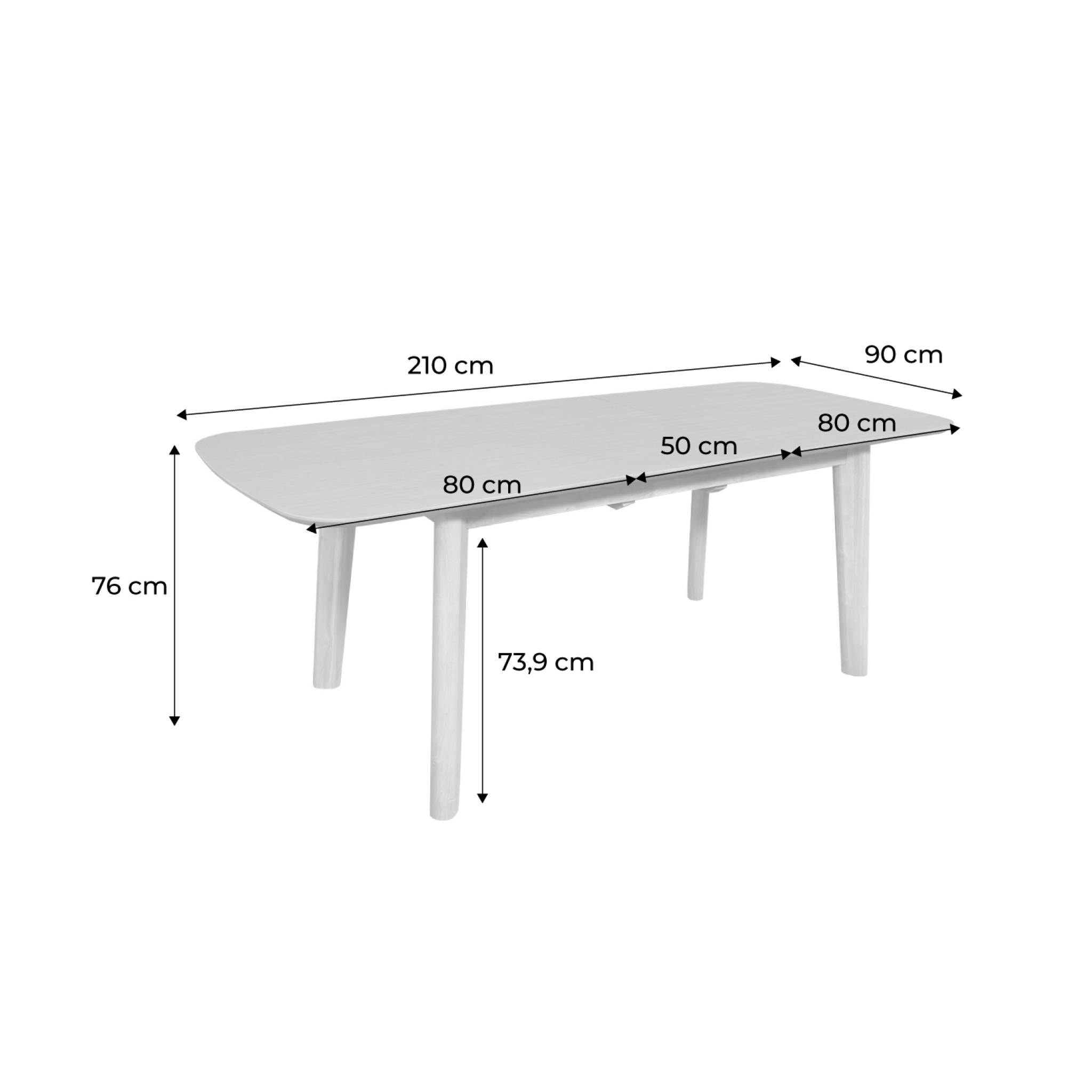 Table à manger extensible rectangulaire 160 - 210cm. placage chêne. teinte naturelle. L 160/210 x P 90 x H 76cm