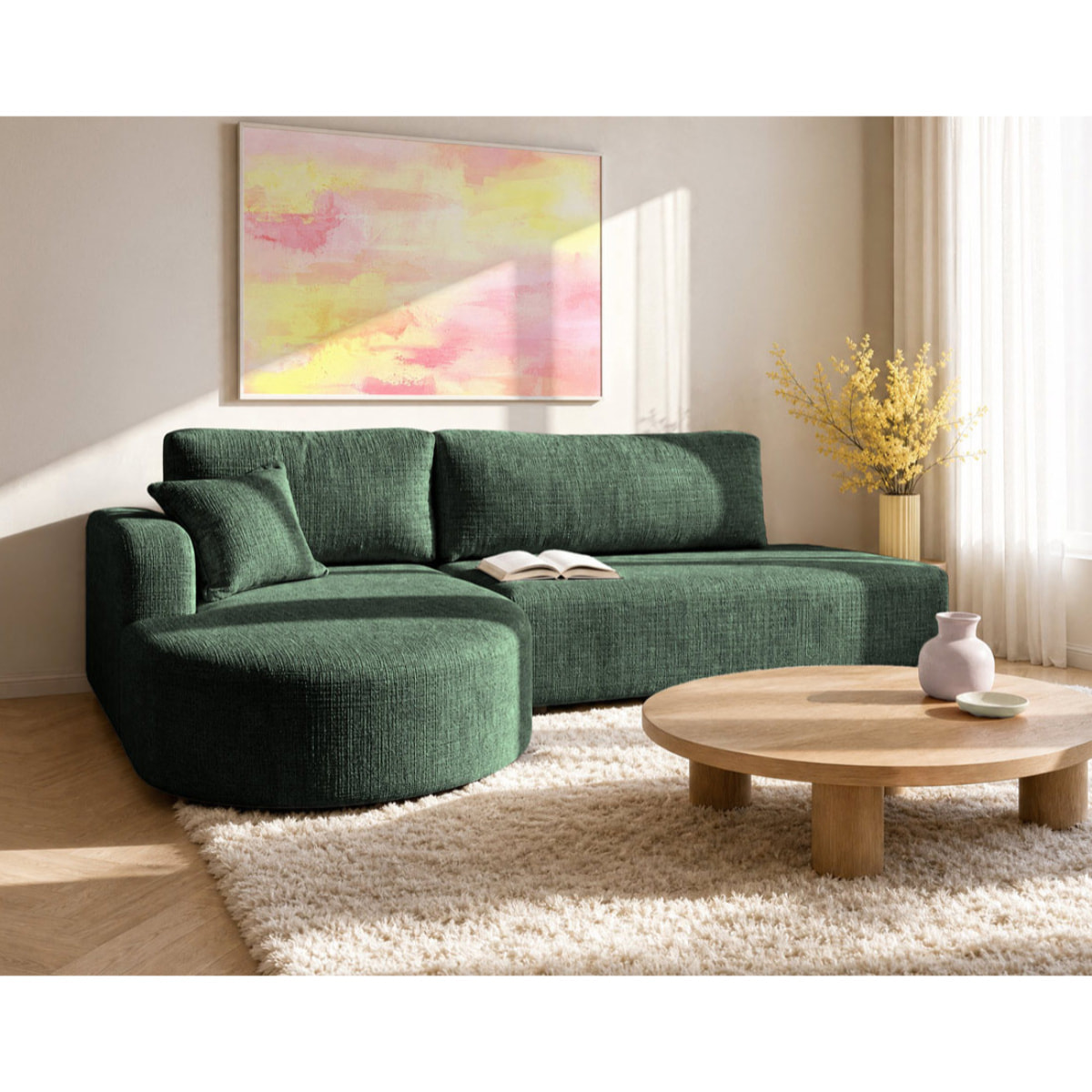 Miro - Canapé d'angle gauche 4 places convertible avec coffre en velours texturé - Vert
