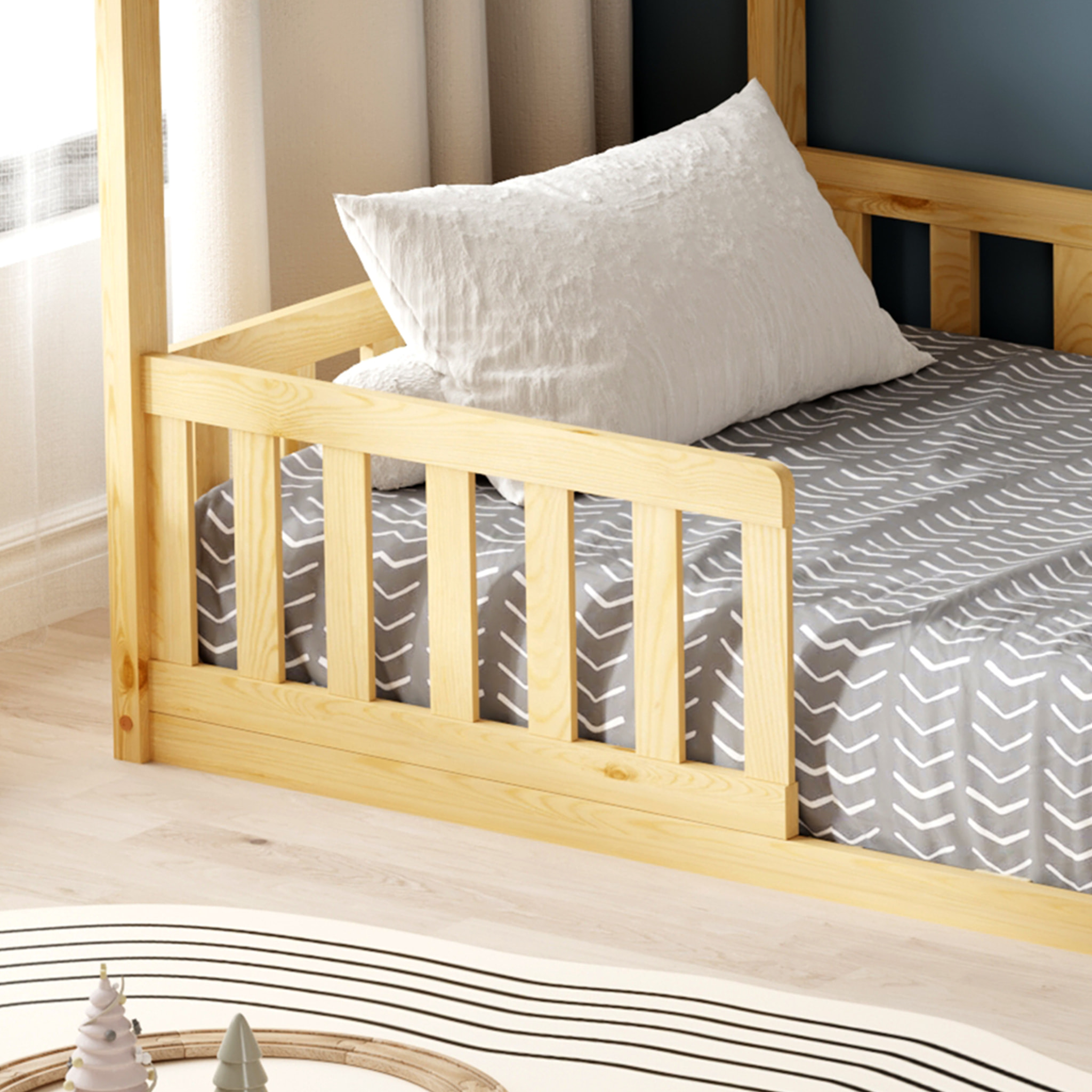 Lit Cabane Nid enchanté 90 x 190 cm, Couleur Bois, Bois de Pin naturel, Barrières latérales de sécurité, Favorise l'imagination