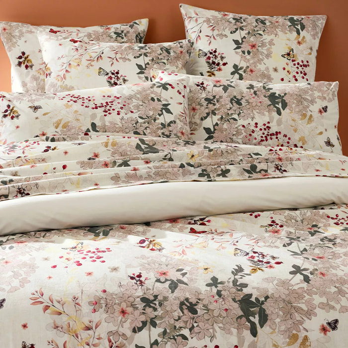 Drap plat percale de coton lavé 115 g/m² imprimé beige bordeaux Vintage flowers cranberry
