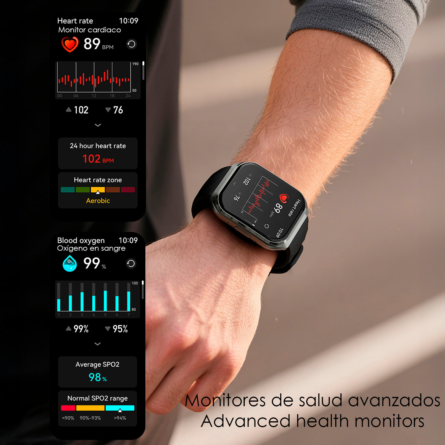Smartwatch QS66. Pantalla de 1.83" con batería de larga duración. Llamadas Bluetooth, asistente de voz, monitor de salud y múltiples modos deportivos. Correa de cuero.