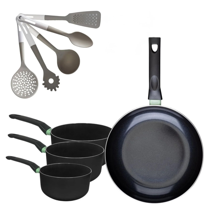 Lot Poêle 30 cm & 3 Casseroles 16/18/20 cm Fackelmann Brandao avec 5 Ustensiles de Cuisine