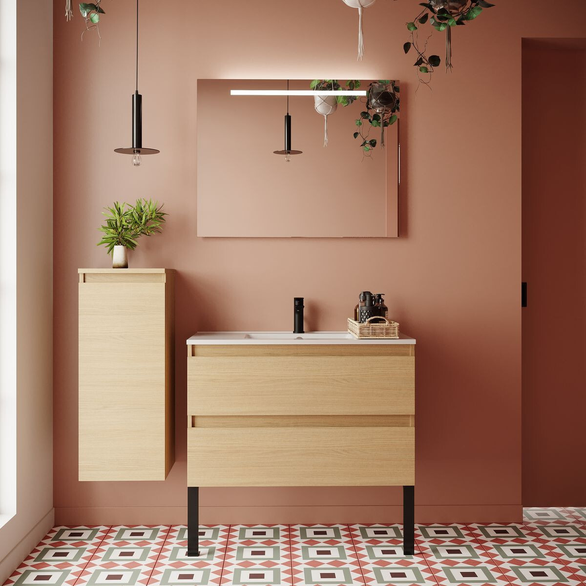 Ensemble vasque intégrée 2 tiroirs + miroir - HUDSON