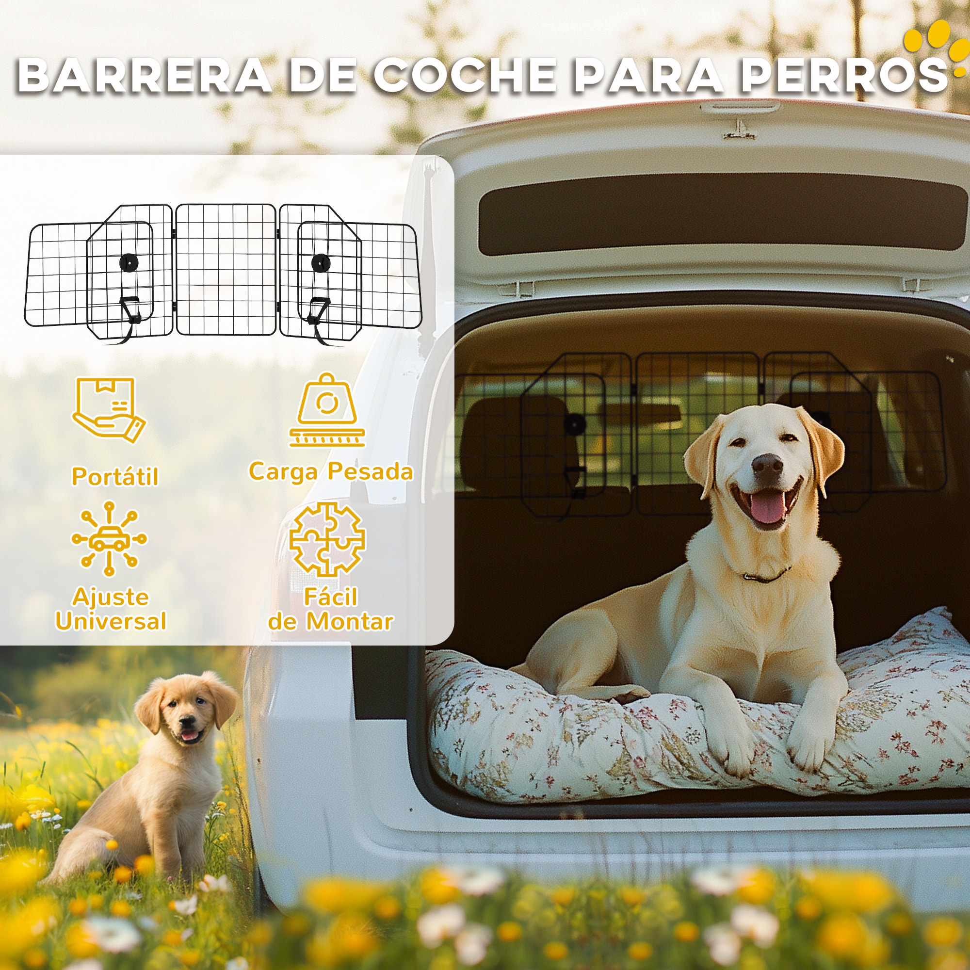 Barrera Protectora de Coche para Perros con Anchura Ajustable Rejilla para Perros de Coche Plegable de Acero 93-150x42 cm Negro