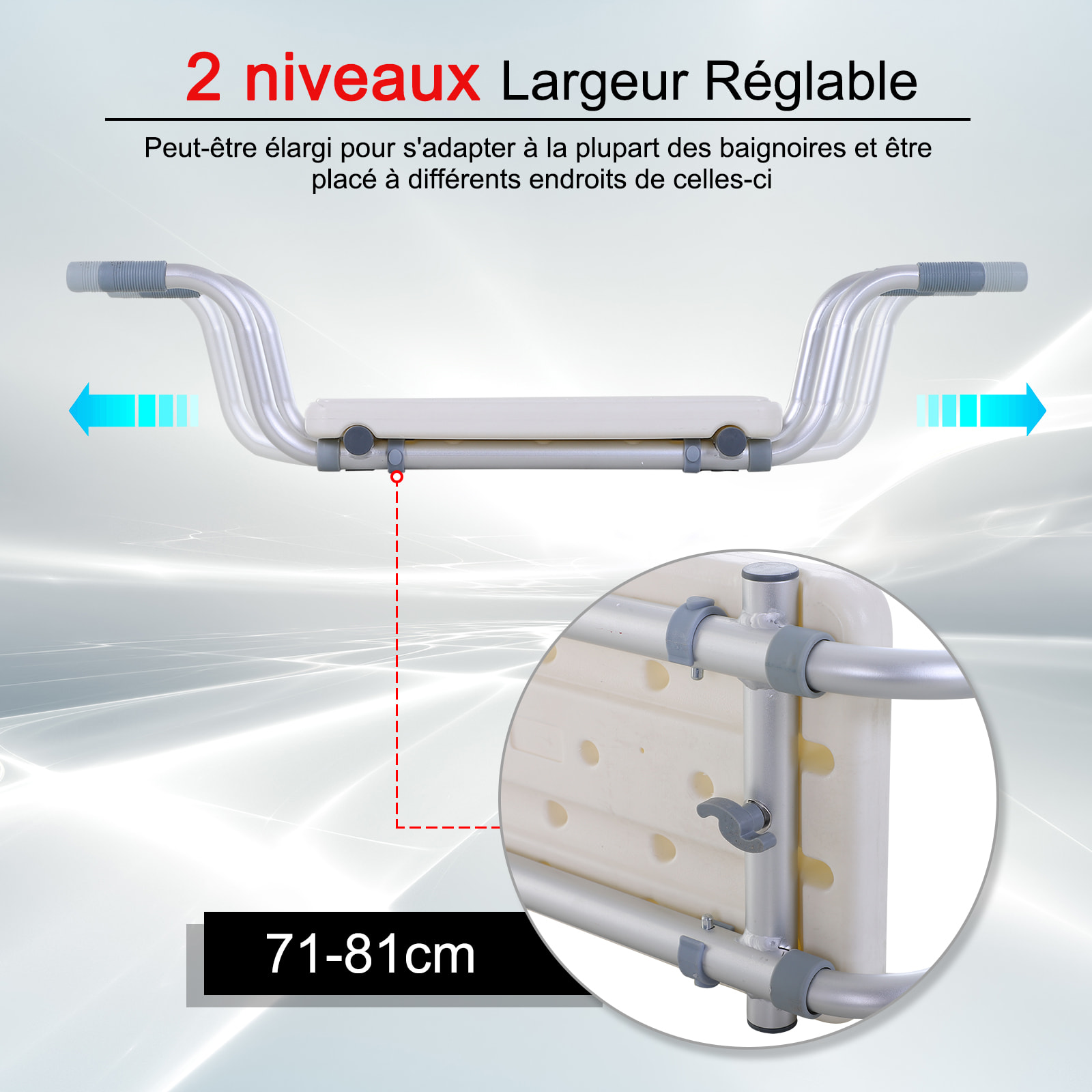 Siège de baignoire - siège de bain suspendu réglable - tabouret de salle de bain - dim. 71-81L x 22l x 18H cm - alu. HDPE blanc