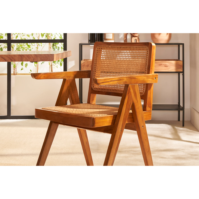 Chaise vintage en bois teck massif et cannage rotin JANNIE
