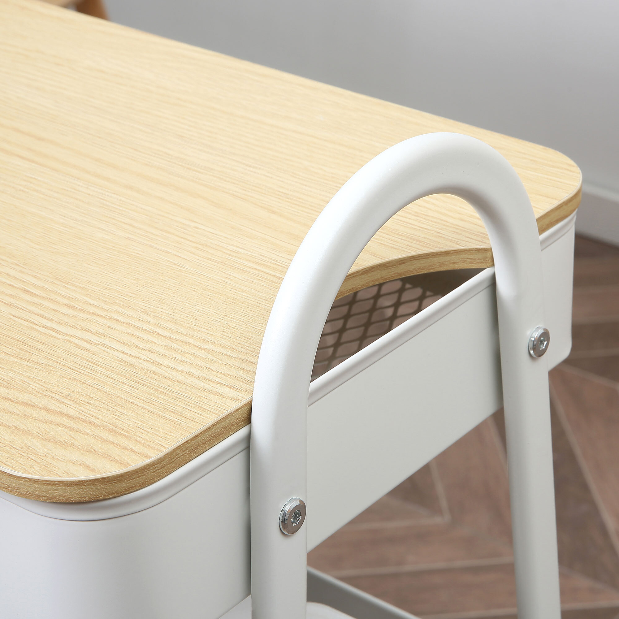 Carrito Auxiliar con Ruedas de 3 Niveles, Carrito de Cocina con 3 Cestas de Acero y 1 Placa de Cubierta, para Comedor, Sala Baño, 45x31x79,4 cm, Blanco