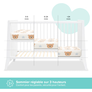 Lit Evolutif Timéo à barreaux 60 x 120 cm, Blanc, en Bois, 3 Hauteurs, Barreaux amovibles
