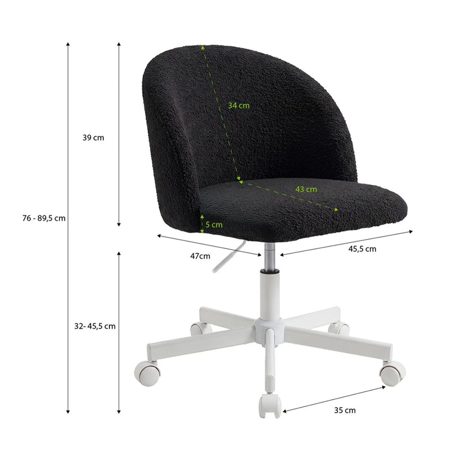 Silla de escritorio tapizada en borreguito negro 76-89,5 cm Candy Negro