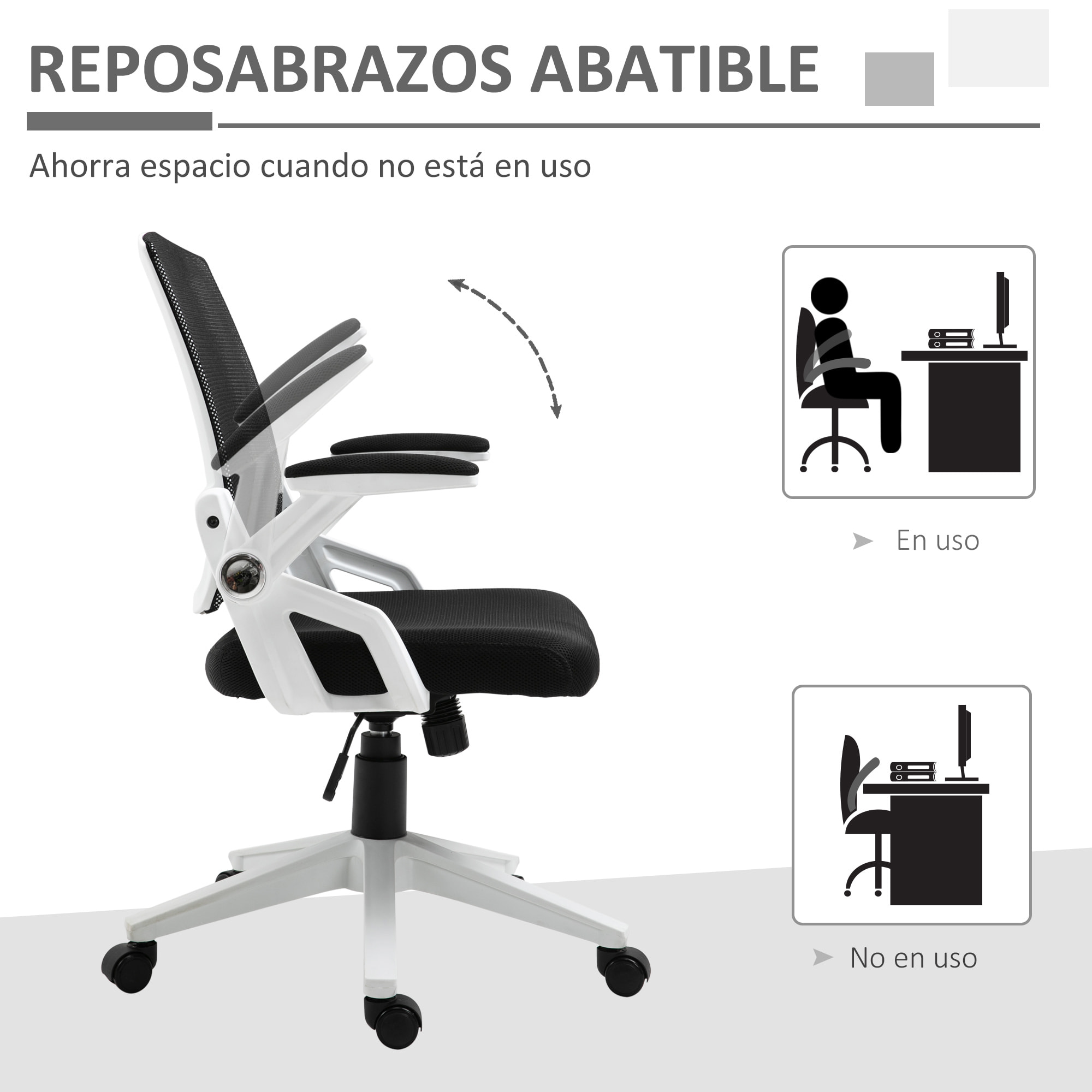 Silla de Oficina Ergonómica Silla de Juvenil con Altura Ajustable Reposabrazos Abatibles Soporte Lumbar y Respaldo Malla Transpirable 61x61x94-104 cm Negro