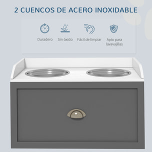 Comedero Elevado para Perros Grandes Cuencos para Perros con 2 Tazones 2000ml de Acero Inoxidable y Cajón Oculto Soporte de Madera para Mascotas 60x30x36 cm Gris y Blanco