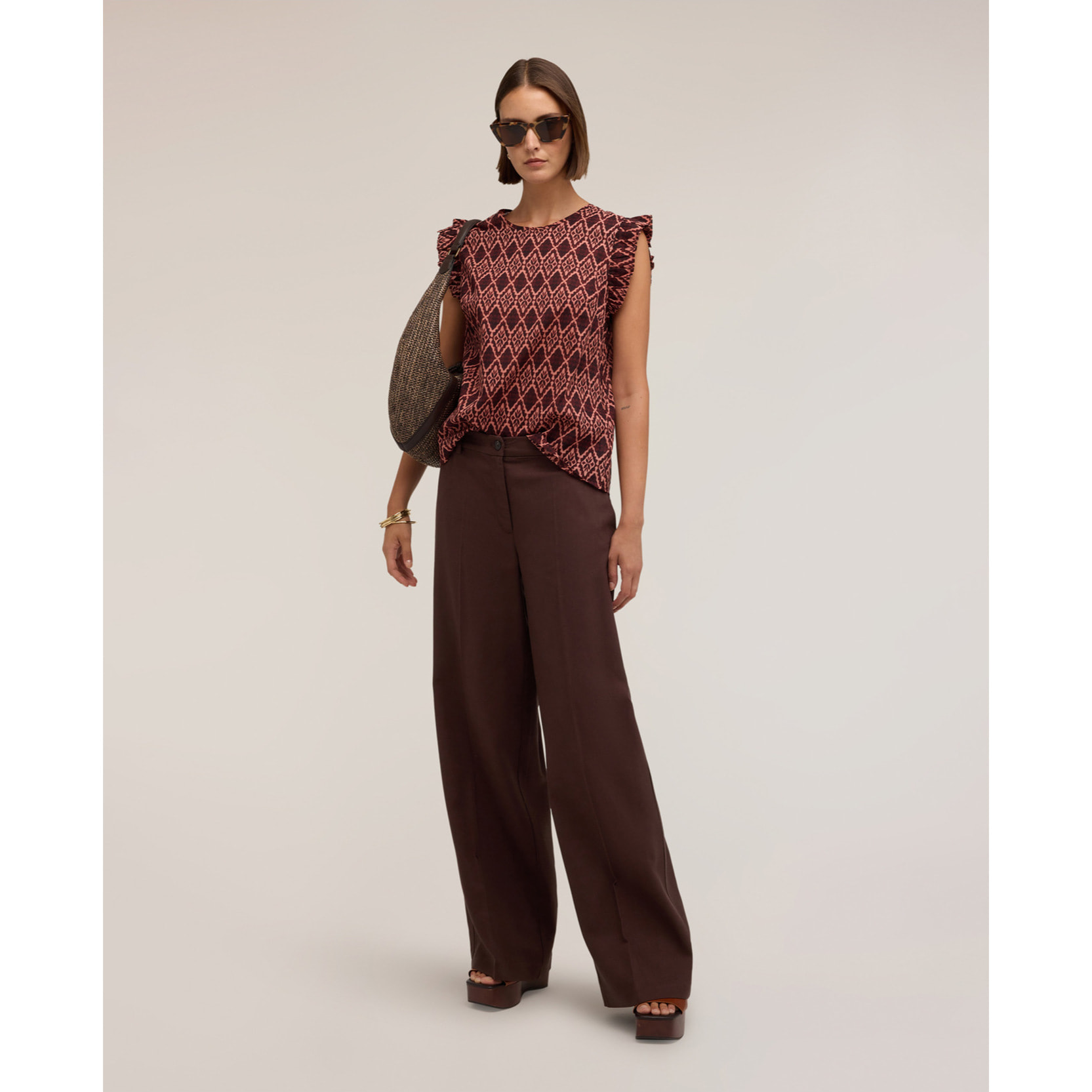 Motivi - Blusa in voile di cotone con stampa e volant - Bordeaux