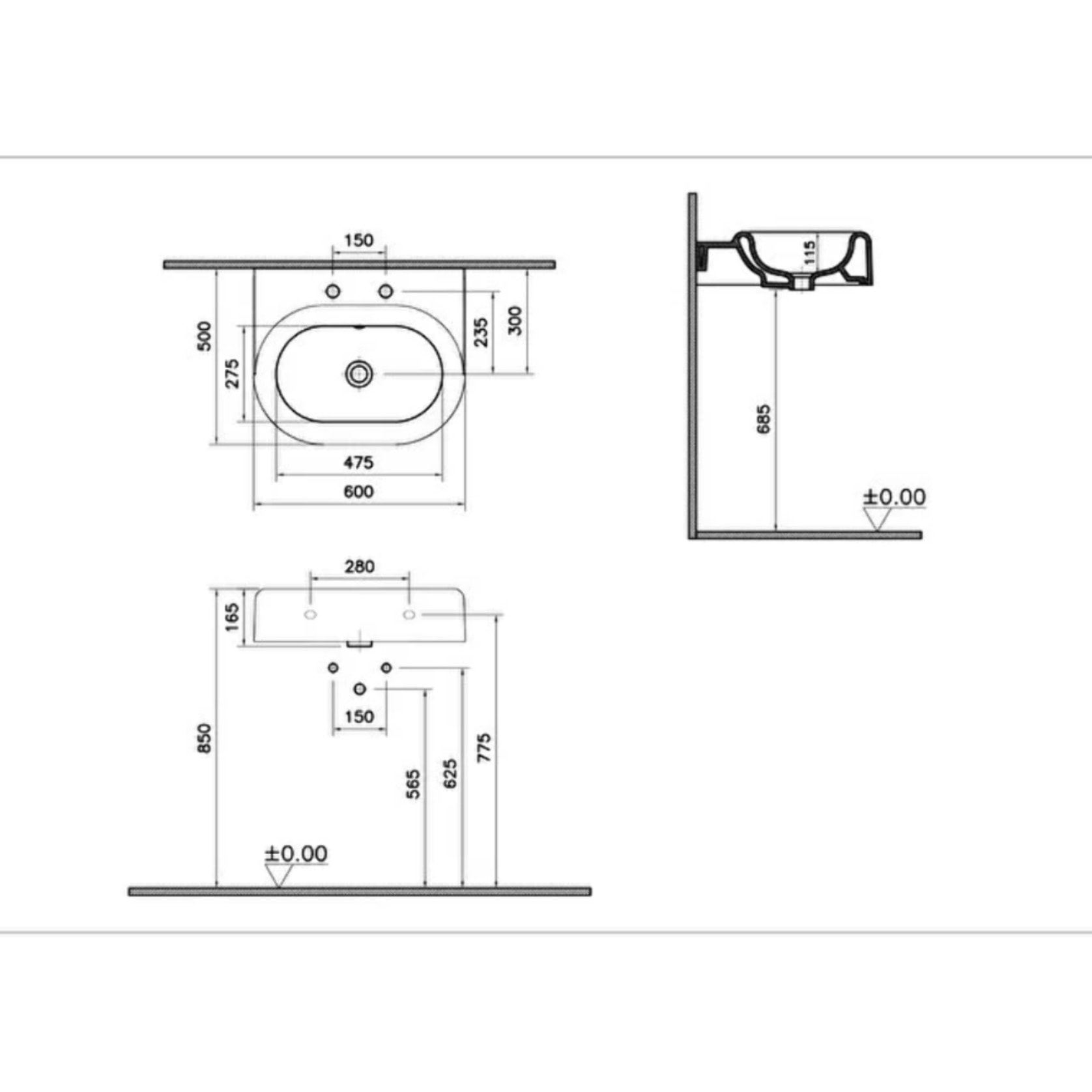 Lavabo VITRA Liquid 60 cm 2 trous avec trop-plein