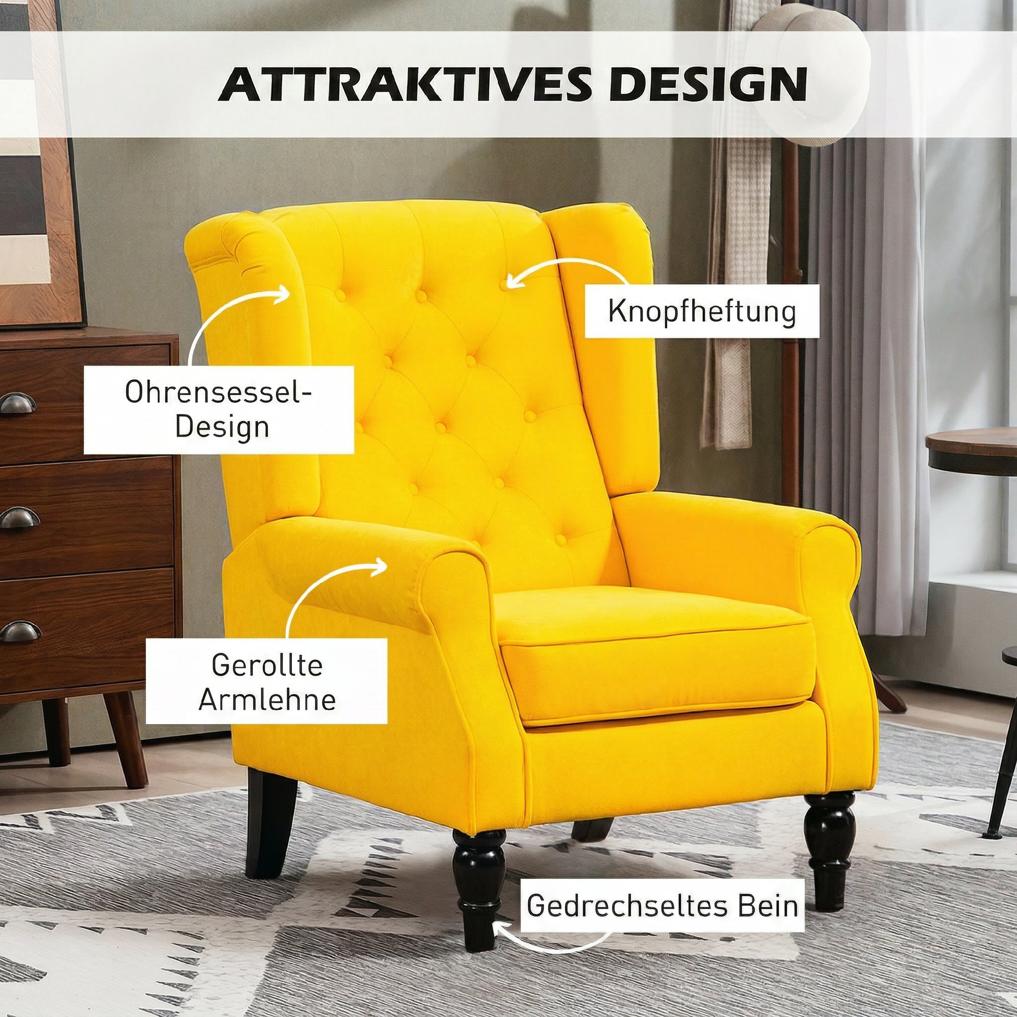 Sillón Orejero Moderno, Butaca de Salón con Reposabrazos y Patas de Madera, Sofá Individual Carga 160 kg para Oficina, Sala de Estar y Dormitorio, Amarillo