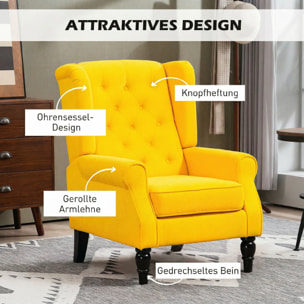 Sillón Orejero Moderno, Butaca de Salón con Reposabrazos y Patas de Madera, Sofá Individual Carga 160 kg para Oficina, Sala de Estar y Dormitorio, Amarillo