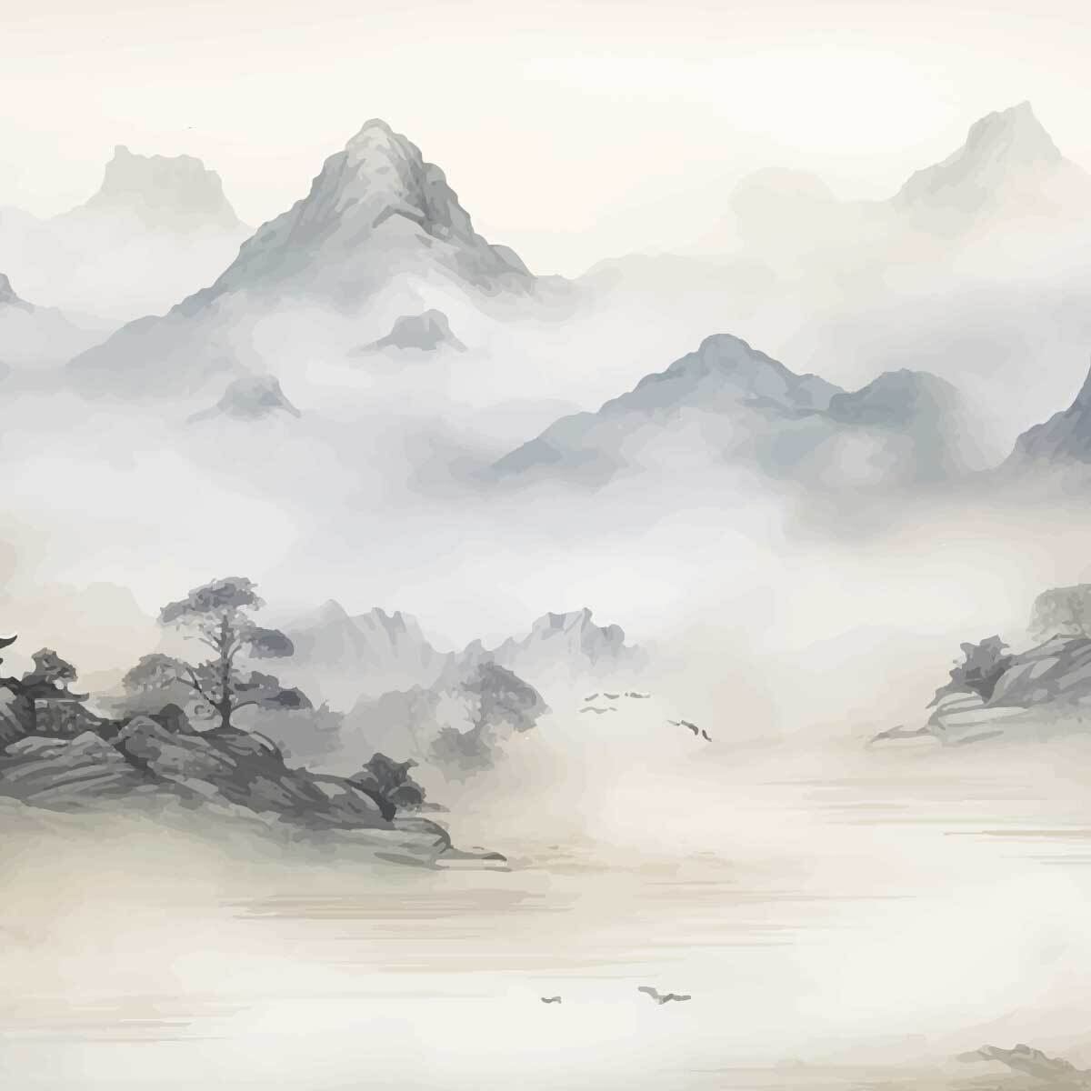 Papier peint paysage montagne brume asiatique aquarelle zen Intissé