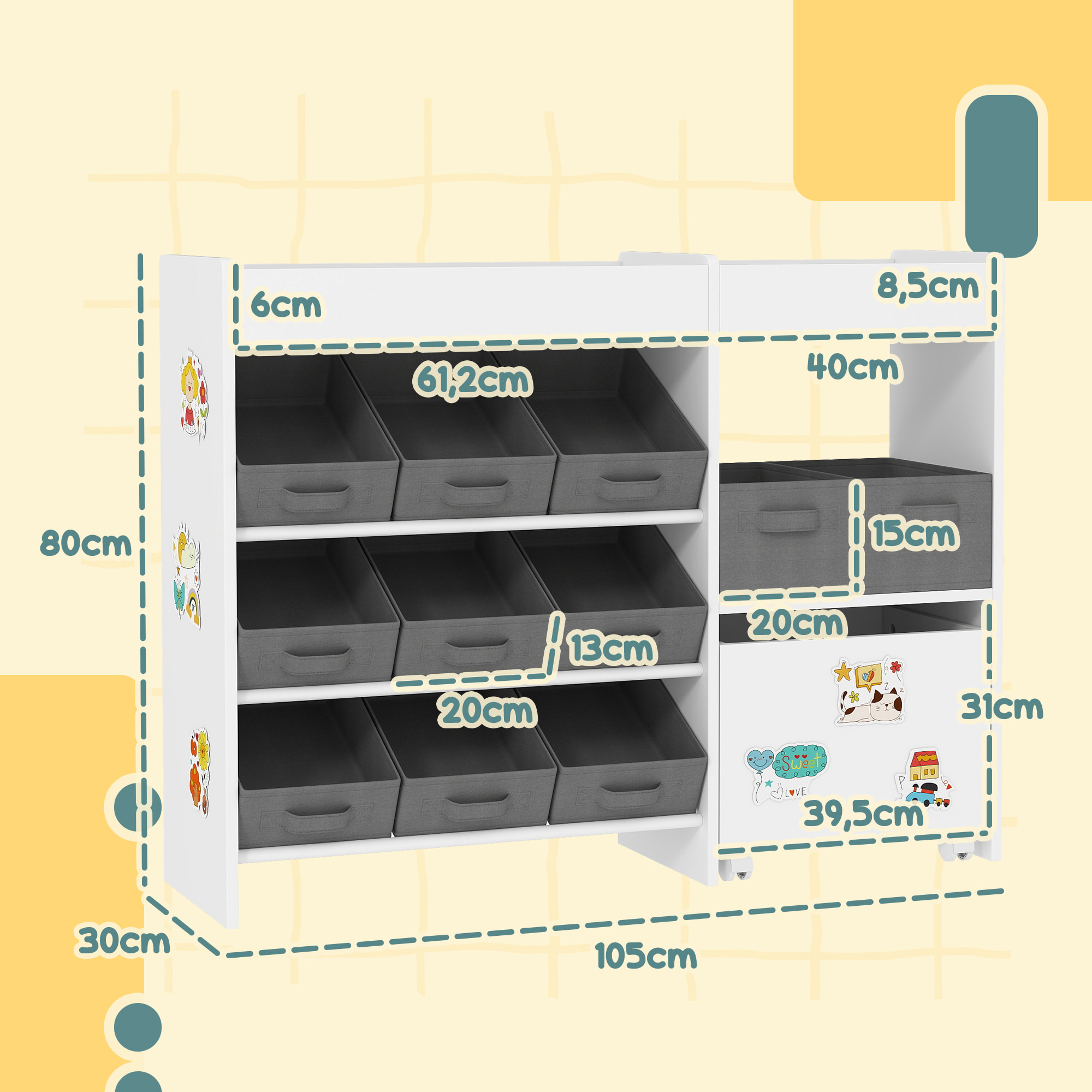 Estantería para Juguetes para Niños Organizador Infantil con 11 Cestas Extraíbles Compartimentos y Láminas de Pegatinas para Guardería Sala de Juegos 105x30x80 cm Blanco