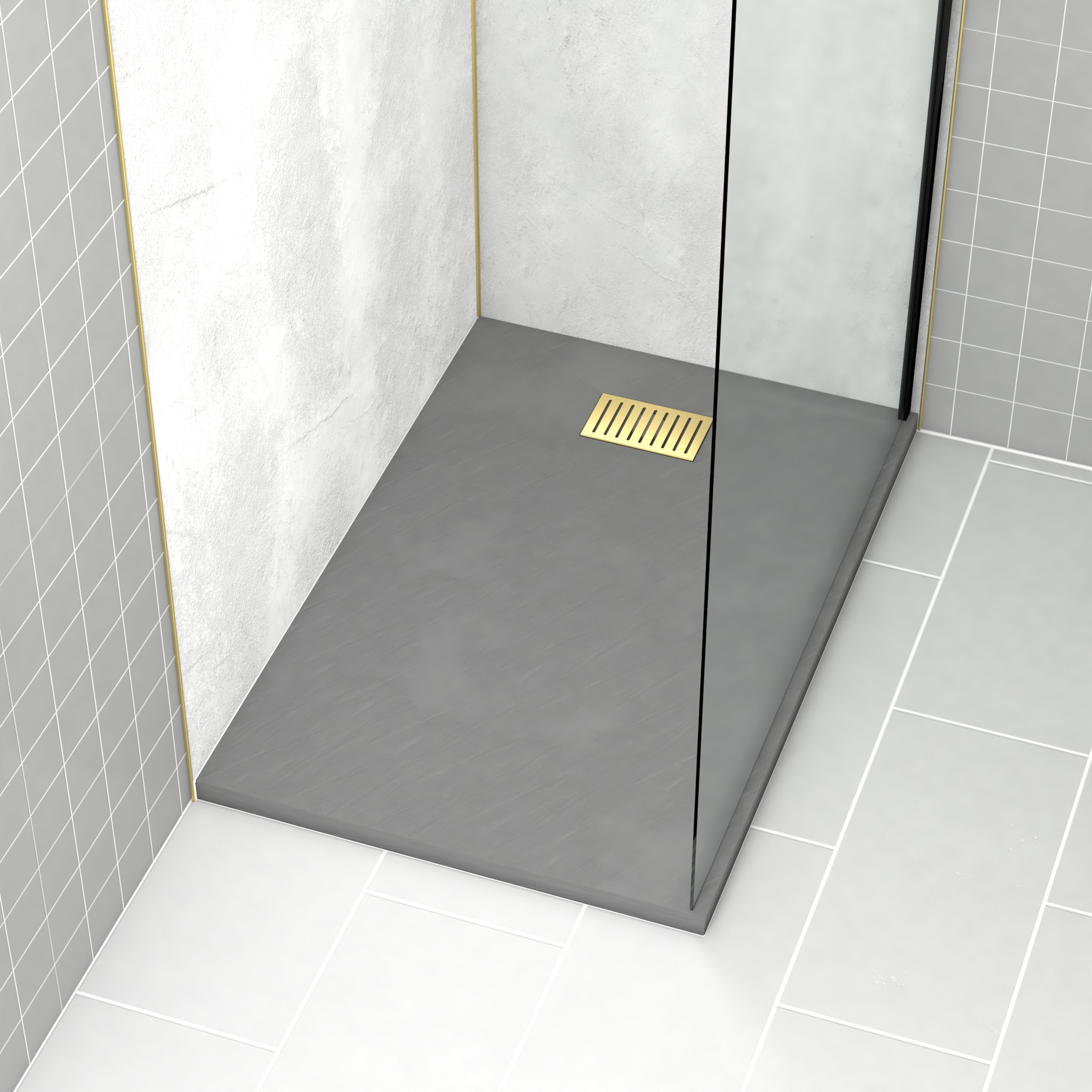 Receveur de douche Gris Effet Pierre 80x120 cm et Grille décor Linéaire Or Doré Brossé