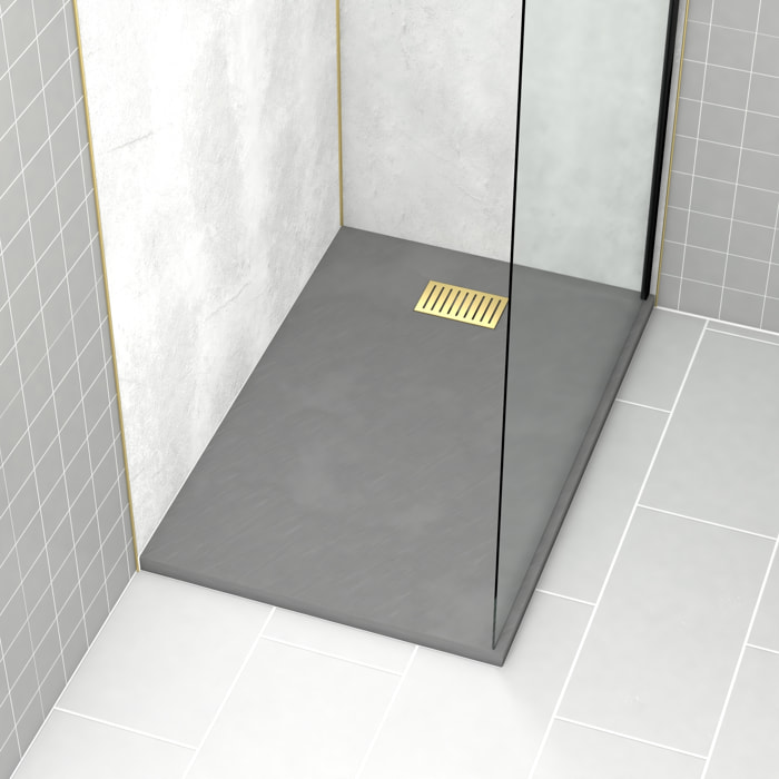 Receveur de douche Gris Effet Pierre 80x120 cm et Grille décor Linéaire Or Doré Brossé