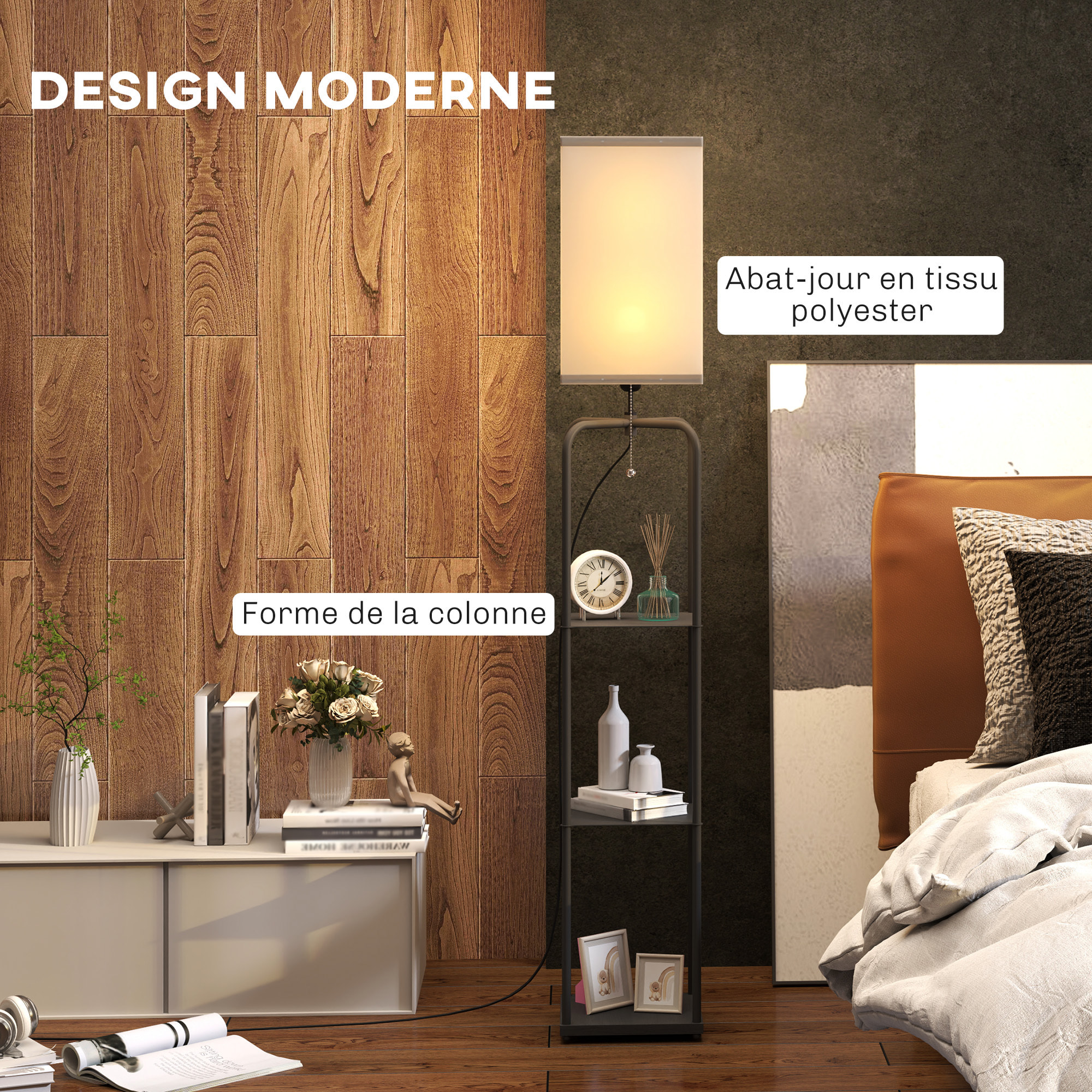 Lampadaire étagères 3 niveaux - interrupteur à tirette - métal MDF noir abat jour tissu blanc