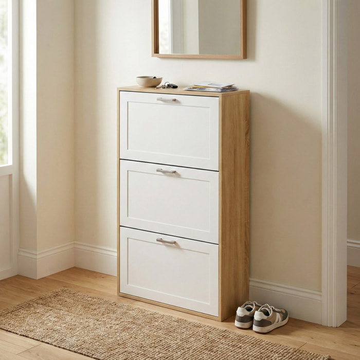 Scarpiera bianco e rovere bugnata con 3 ribalte con maniglie - Liner