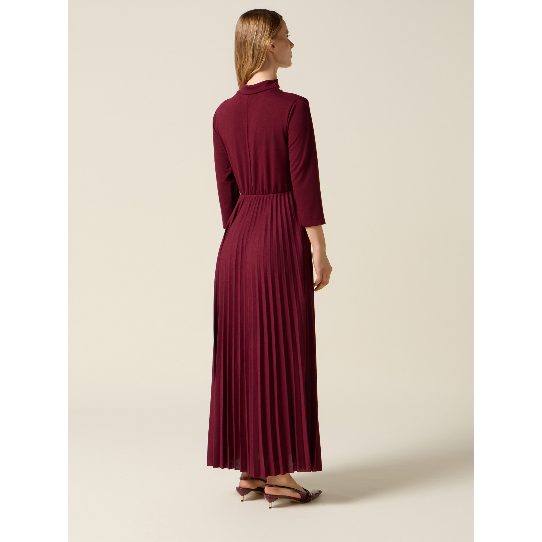 Oltre - Vestido flare mezcla viscosa con broche - Burgundy