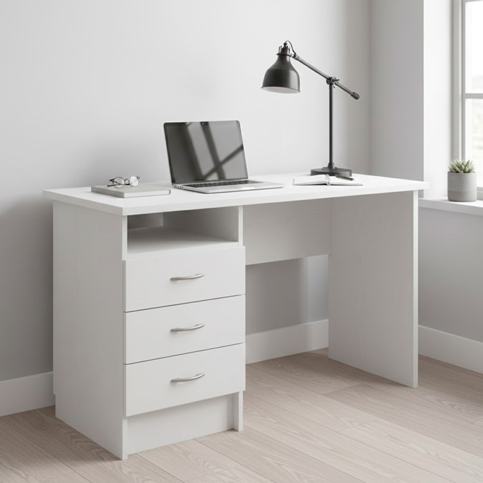 Scrivania Moderna Con 3 Cassetti E Vano a Giorno Desk Salvaspazio Per Home Office Studio E Cameretta Piano di Lavoro Ampio 120.1X48.1X72.6 Cm Bianco