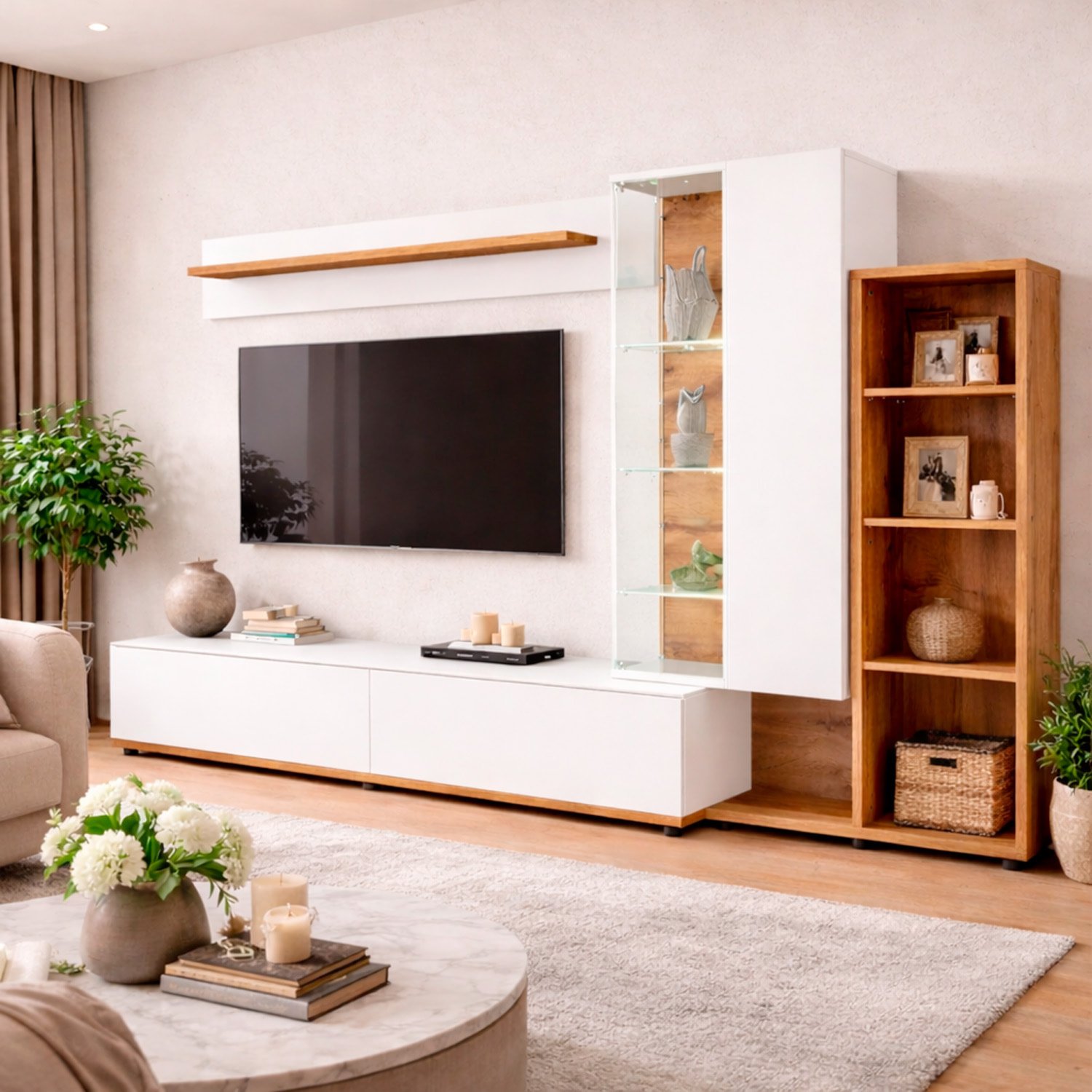 Parete Attrezzata Mobile TV Vetrina LED Living Mensola Vani Multifunzione Design Contemporaneo Arredo Casa 240 x 40 x 145 Cm Bianco Rovere E Scuro