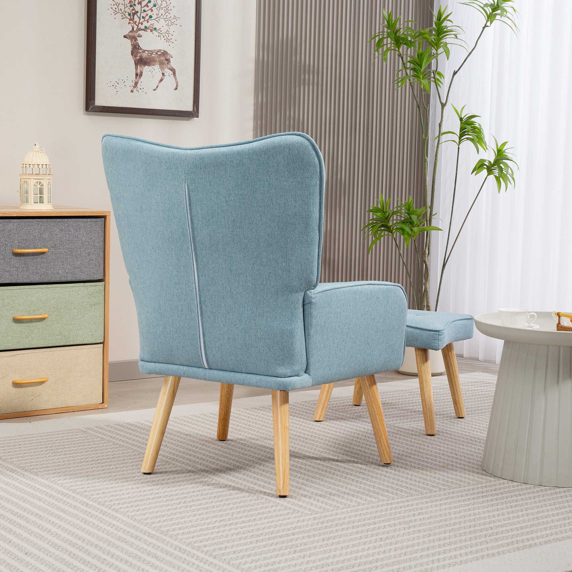 Sillón con Reposapiés Sillón Lectura con Respaldo Alto Capitoné Patas de Madera y Tapizado en Lino Butaca para Salón Dormitorio Oficina Azul Claro